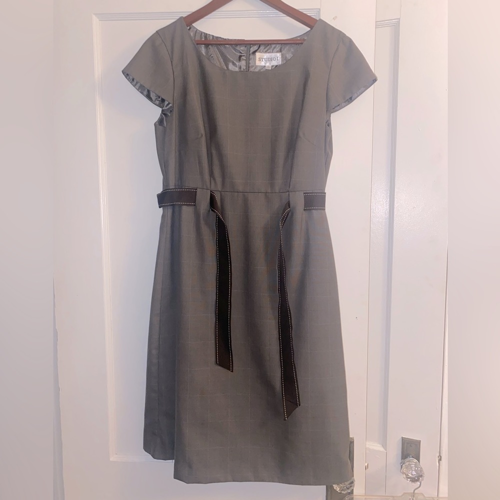 STUDIO I Womens Midi Short Cap Sleeve Gray Plaid Dress- Business Casual - Picture 2 of 5
